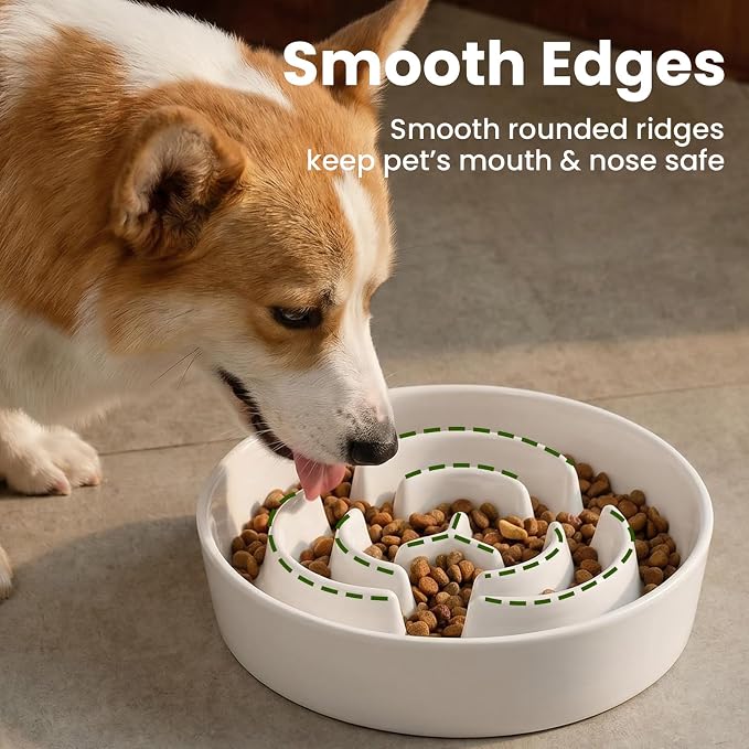 Ceramic Slow Feeder Dog Bowls 1.6 Cups for Medium & Small Fast Eaters,White | Reduces Bloating,8.07x1.77 Inch Dish For Daily Dog Meals, Maze Puzzle Slows Down Eating, Anti-Choking,20oz Water - Image 6