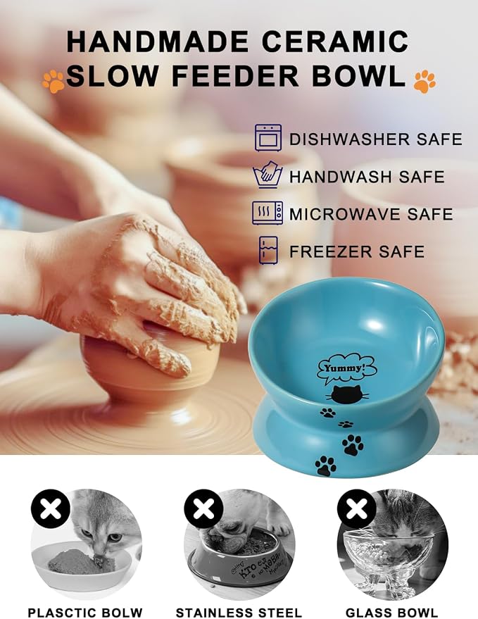 Y YHY Elevated Cat Food Bowl, Ceramic Raised Bowl, Tilt Angle Protects Cat's Spine, Anti Vomiting Dish, Backflow Prevention, Lake Blue - Image 6
