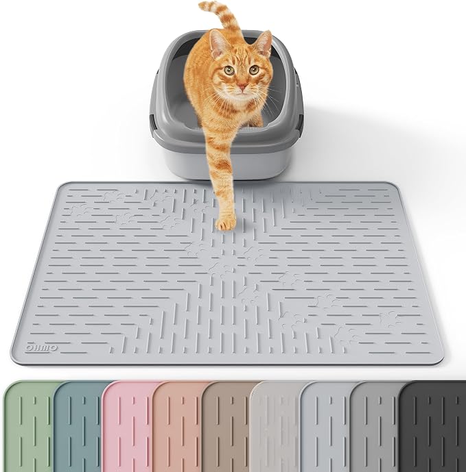 Cat Litter Mat, 23.5x16 Silicone Trapping Mat Ash Grey | for Kitty Litter Box, Easy Clean, BPA Free Rubber, Center Litter Collection, Easy Pour-Back, Waterproof, Odor-Resistant by OHMO