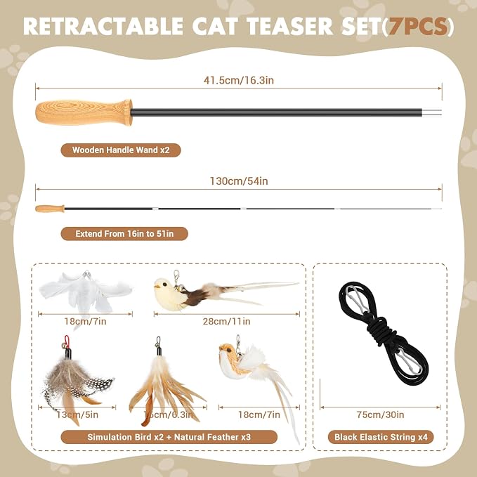 ROSAUI Cat Teaser Wand Toys, Interactive Bird Toy for Indoor Kittens, 53.15’’ Long Cat Fishing Pole Toys, 2X Wires and 5X Natural Refills, Sustainable Wooden Handles, Exercising, Playing - Image 2