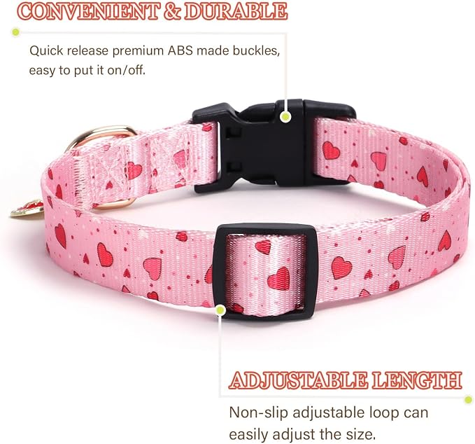 Pink Heart with Pendant Cute Dog Collar for Small Medium Large Dogs, M | Ligth Adjustable Nylon Puppy Collar for Boy and Girl Female, Distinctive Patterns, Comfortable for Walks and Outdoor Hikes - Image 2