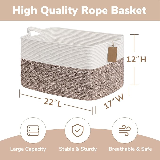 Goodpick 75L Extra Large Woven Rope Blanket Basket, Rectangle, Brown | 22" × 17" × 12" Decorative Storage Basket for Pillows & Clothes, Fits Living Room & Nursery Organization, Handles - Image 3