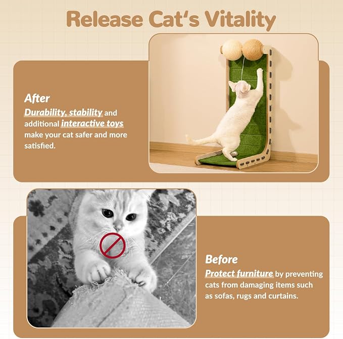 Felt Cat Scratcher for Indoor Cats,28.4 Inch,Green | L Shaped Scratching Post, Scratch Board Scratchers for Large Cat Scratch Pad Furniture Protector with Sisal Ball Kitten Toys - Image 5