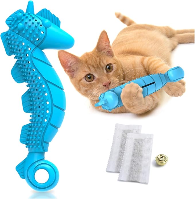 Ronton Cat Toothbrush Catnip Toy - Durable Hard Rubber - Cat Dental Care, Cat Interactive Toothbrush Chew Toy (1 Pack_Seahorse) by Ronton