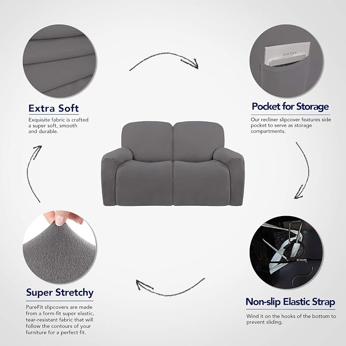 PureFit Super Stretch Loveseat Recliner Sofa Couch Cover with Pocket | 2 Seats Non Slip Soft Sofa Slipcover, Washable Reclining Furniture Protector for Pets (Recliner Loveseat, Light Gray) - Image 3