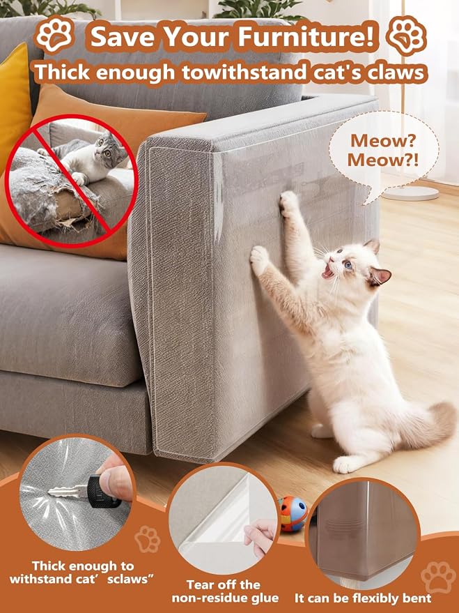 Extra Thick Clear Anti Cat Scratch Furniture Protector 17" x 197" | Couch Protector from Cat Claws - Single Sided Sticky Flexible Pet Tape for Furniture, for Couch Corner Door Walls Bed - Image 3