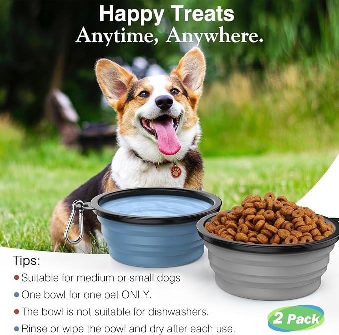 Pawaboo Collapsible Travel Dog Bowls 2 Pack with Lids&Carabiners Silicone | Feeding Watering Bowls for Dogs Cats, Collapsable Water Feeder Food Bowl for Walking Traveling Home Use, Blue + Grey - Image 5