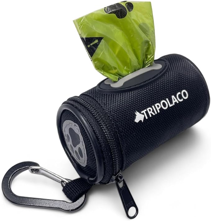 Dog Poop Bag Holder for Leash, Easy Release Doggie Poop Bag Dispenser, Fits Most Standard Poo Bags, Soft Fabric Dog Waste Bag Holder with Carabiner Clip, Compatible with All Leashes, Black by TRIOPLACO