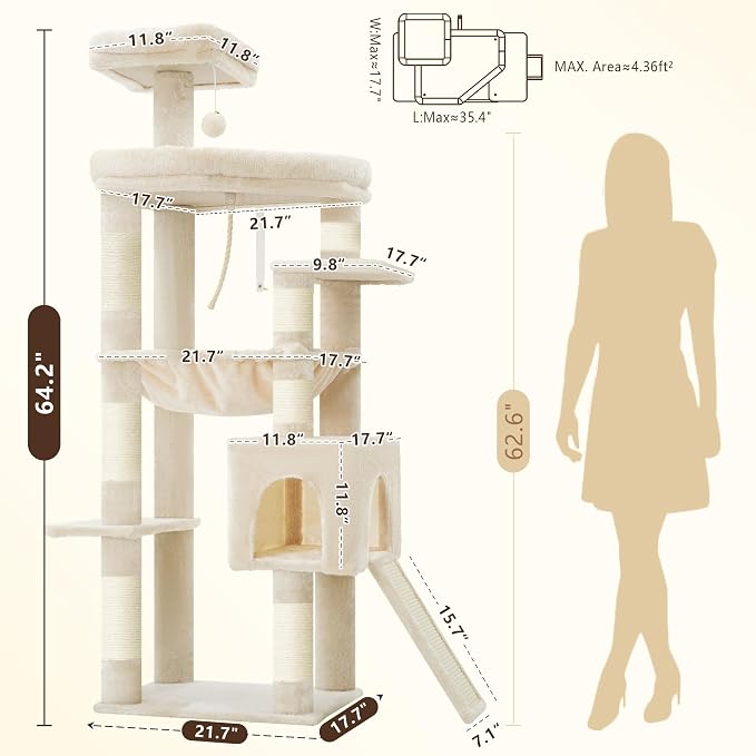 Heybly 64.2" Heavy-Duty Cat Tree for Large Cats with Wide Base HCT027M | Indoor Cat Tower with Scratching Posts & Board, Cat Furniture with Big Platforms, Extra-Large Hammock, Beige - Image 7