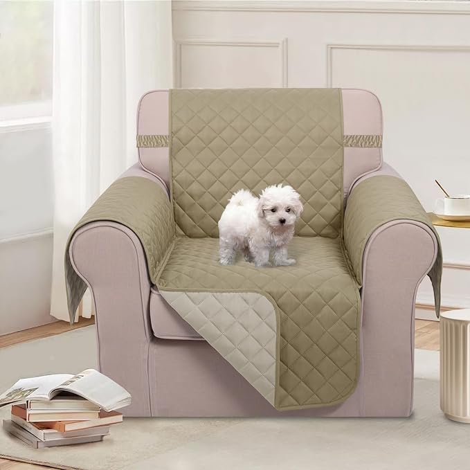 U-NICE HOME Reversible Recliner Chair Covers, Light Camel/Beige | 23''Armchair Cover for dogs Washable, Pet Friendly, Elastic Straps, Water Repellent, Diamond Quilted - Image 2