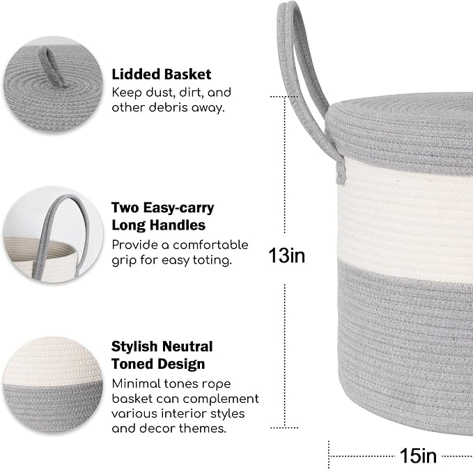 Storage Basket with Lid, Blanket Basket Living Room, Large Woven Cotton Rope Baskets for Storage, Kids Toy Storage Bin, Wicker Laundry Basket, Blankets Pillows Organizer Holder,15"x13", Gray - Image 2