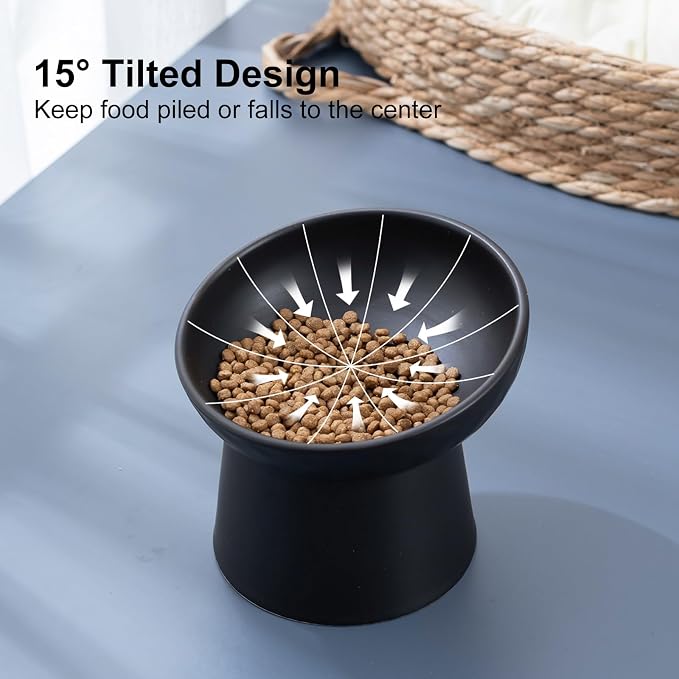 YauYik Raised Cat Bowl Black, Elevated Cat Food Bowls with Tilted Angle, Stress Free, Anti Vomiting, Ceramic Water Bowl for Cats Small Dogs Feeding Dish, 8 Ounces - Image 3