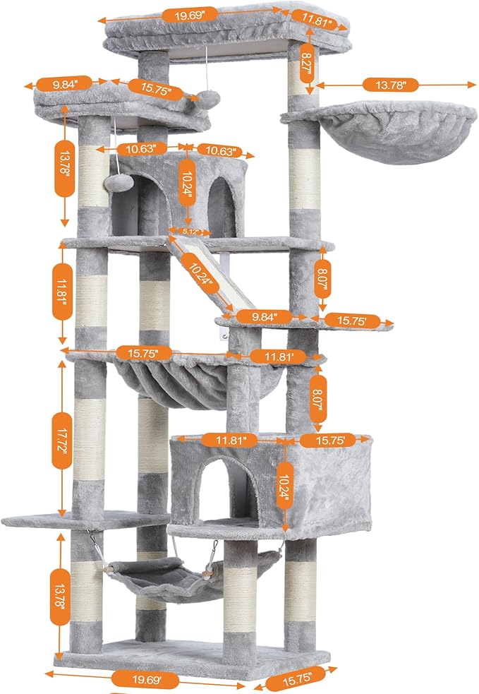Heybly Cat Tree, 71-Inch-Tall Tower for Indoor Cats with 2 Perches HCT034W | Large Cat Furniture with 2 Big Condos, 2 Hammocks, Basket, Scratching Pad, Multi-Level Cat Condo, Light Gray - Image 3