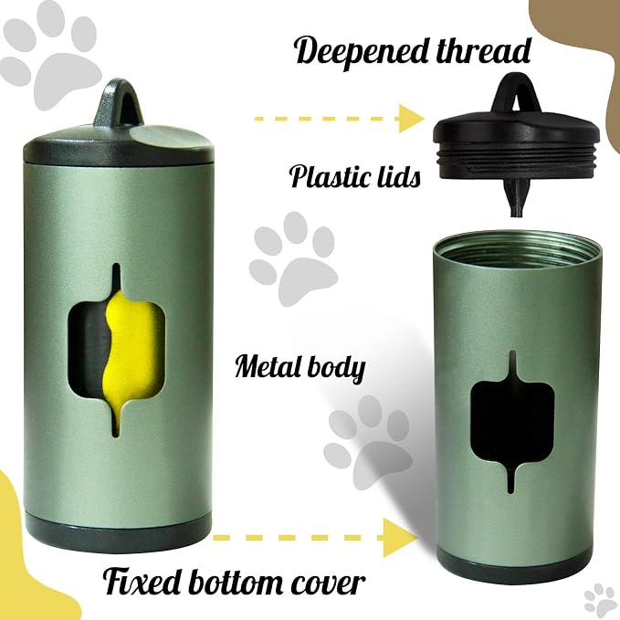 Metal Dog Poop Bag Holder 2-Pack w/Leash Clip|Durable Scratch-Resistant Aluminum|30 Bags+6 Accessories（Dark Green） - Image 2