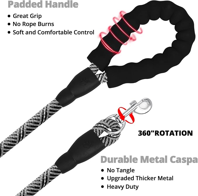 Long Dog Leash 10 FT: Heavy Duty Rope Leashes for Dogs Training with Swivel Lockable Hook Reflective Threads Bungee and Padded Handle - Dog Lead for Large Small Medium Dogs Outside Walking Hiking Grey - Image 6