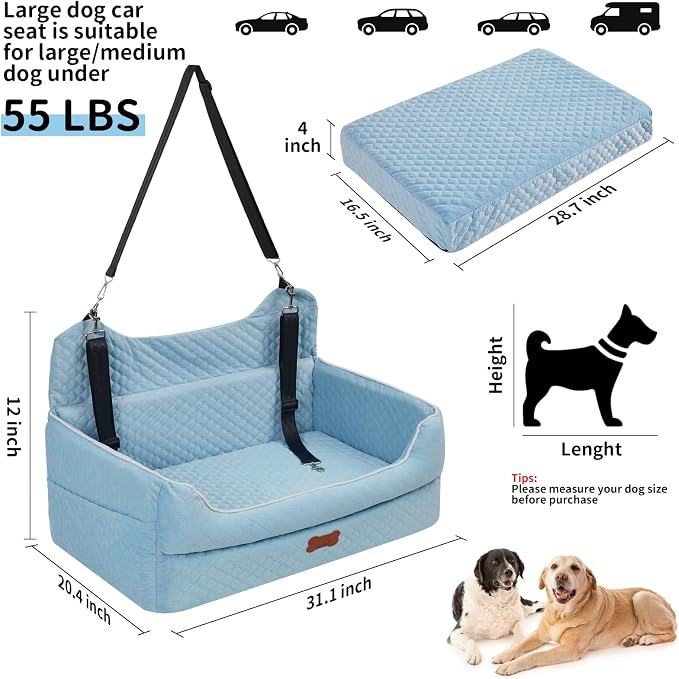 Dog Car Seat for Medium & Large Dogs Up to 55 lbs or 2 Small Dogs, Blue | Memory Foam Elevated Booster Seat with Safety Belts, 4-Inch Thick Cushion, Storage Pockets and Removable Washable Cover - Image 2