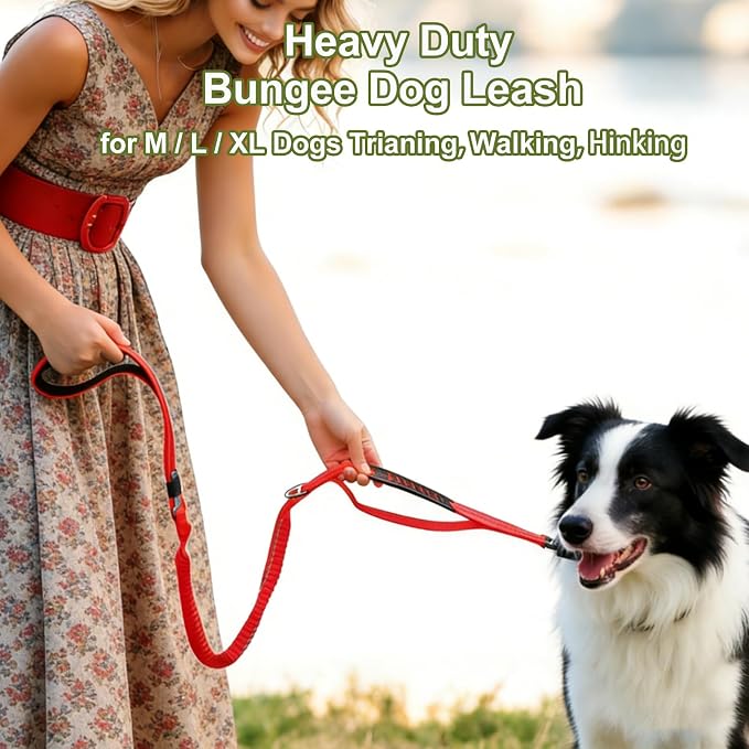 Dog Leash Heavy Duty, Bungee Leash Reflective Car Seat Belt for L Dogs Red | 4-6FT Strong Shock Absorbing Tactical with 2 Padded Handles, Dog Tug Lead for Large XL Dogs Walking Running Training - Image 5