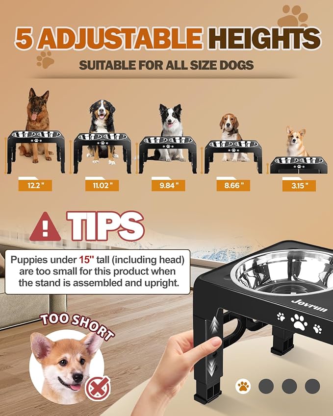 Jovrun Elevated Dog Bowls for Medium Large Size Dogs, Non-Slip Dog Feeder with 2 Stainless Steel Dishes, 5 Heights Adjustable Raised Bowls to 3.15″-8.66″-9.84″-11.02″-12.2″ - Image 2