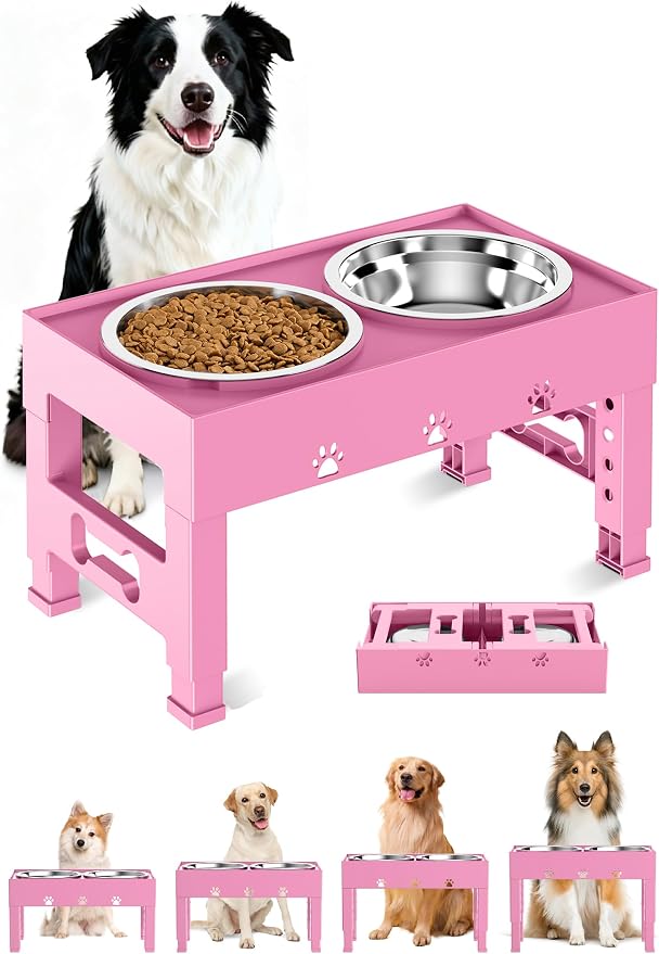 Elevated Dog Bowls with 2 Stainless Steel Bowls, 5-Height Adjustable Stand (3.1", 9" to 12"), for Improved Digestion & Neck Support, Easy Clean, Non-Slip Base Raised Feeder for Medium Large Dogs by LAKIPETNPetSupplies