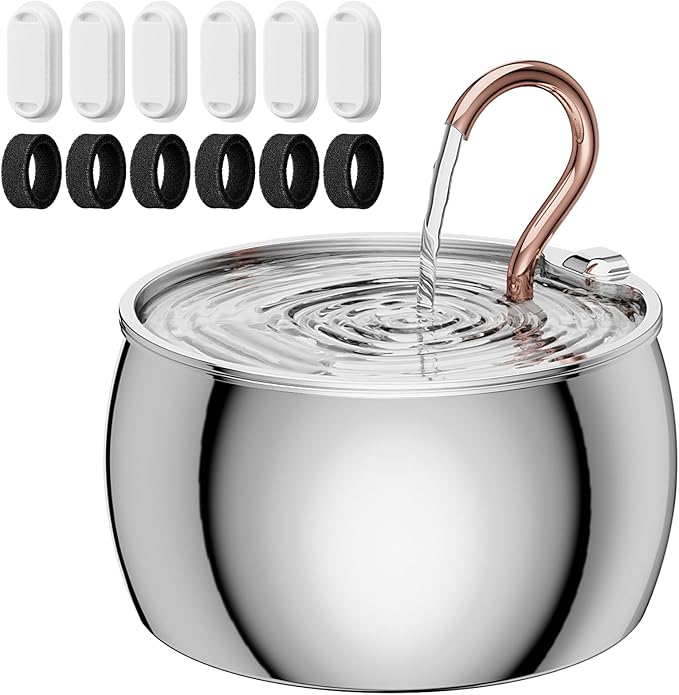 2.5L/84oz Gooseneck Cat Water Fountain Stainless Steel Ultra-Quiet | Kitty Spout Cat Fountain for Drinking, Pet Water Fountain for Cats Inside with 6 Replacement Filters & 6 Pre-Filter Sponges by WEPOIUCatFountain