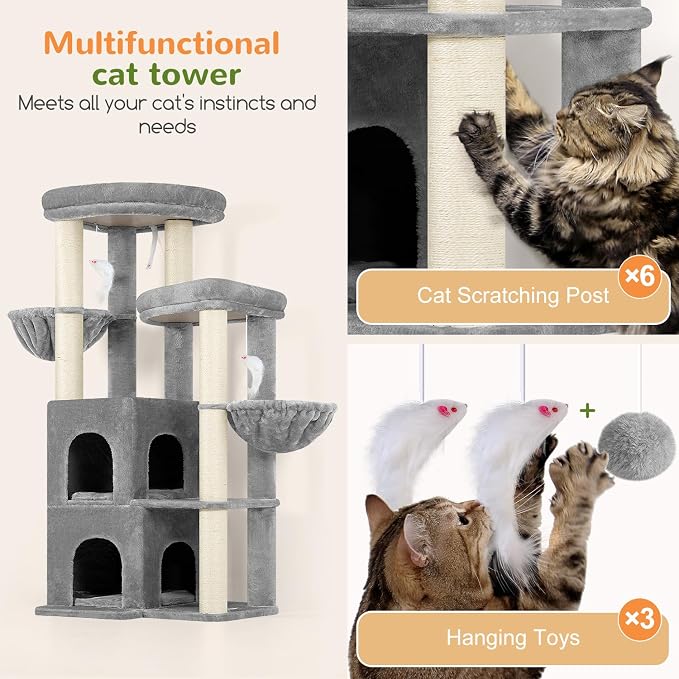 Globlazer Cat Tree Tower for Indoor Cats, Sturdy Adult Cat Tree House for Large Adult Cats with 2 Platform, 6 Cat Scratching Post, 2 Cat Caves, Dangling Toys, S63, 63 inch, Light Grey - Image 5