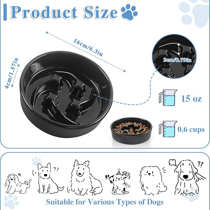 Ceramic Slow Feeder Dog Bowls, 0.6 Cups Dog Food Dish for Small Breed | Puzzle Dog Food Bowl for Fast Eater, 15OZ, 6.3 inch (Black) - Image 2