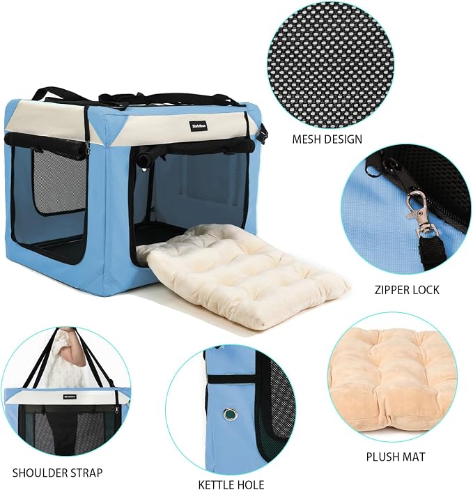 Large Cat Carrier Collapsible Travel Dog Crate Portable Soft-Sided Pet Kennel with Super Soft Warm Plush Pillow for Indoor and Outdoor 24x16x16in,Sky Blue - Image 4