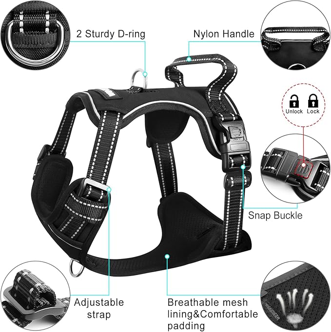 Dog Harness No Pull, Pet Harnesses with Dog Collar, Adjustable Reflective Oxford Outdoor Vest, Front/Back Leash Clips for Small, Medium, Large, Extra Large Dogs, Easy Control Handle for Walking - Image 4