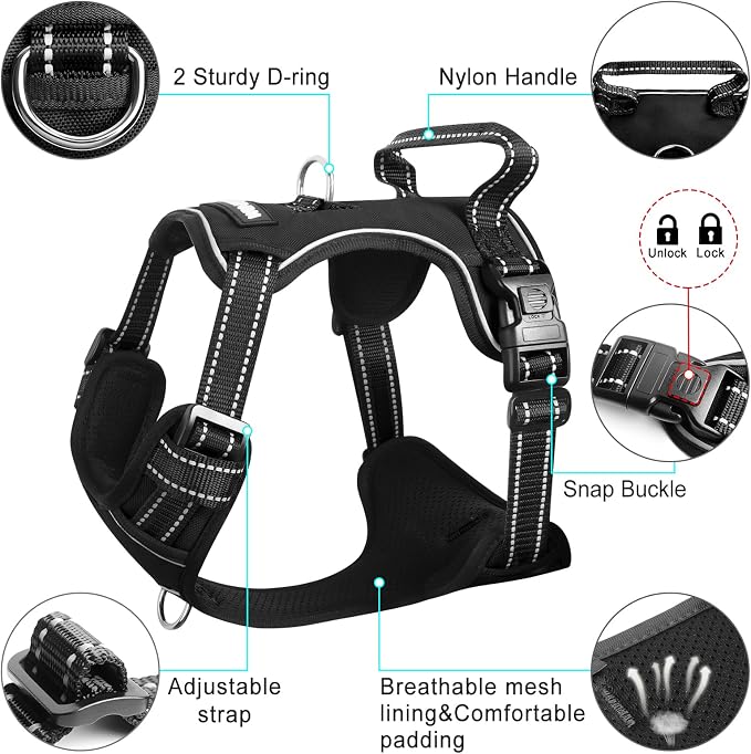 Dog Harness No Pull, Pet Harnesses with Dog Collar, Adjustable Reflective Oxford Outdoor Vest, Front/Back Leash Clips for Small, Medium, Large, Extra Large Dogs, Easy Control Handle for Walking - Image 4
