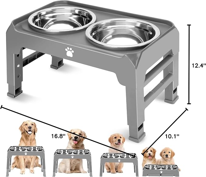 Elevated Raised Dog Bowl Stand with 2 Stainless Steel Bowls, Adjustable Height for Medium Large Dogs, 12.36" - 3.7" Foldable Feeder, Grey - Image 9