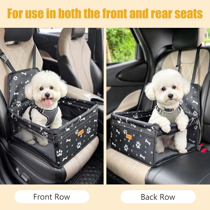 Pet Dog Booster Seat, Upgrading the Framed wall to Prevent Collapse，Breathable and Foldable Pet Car Basket，Removable andWashable pet car seat (Black Footprints) - Image 7