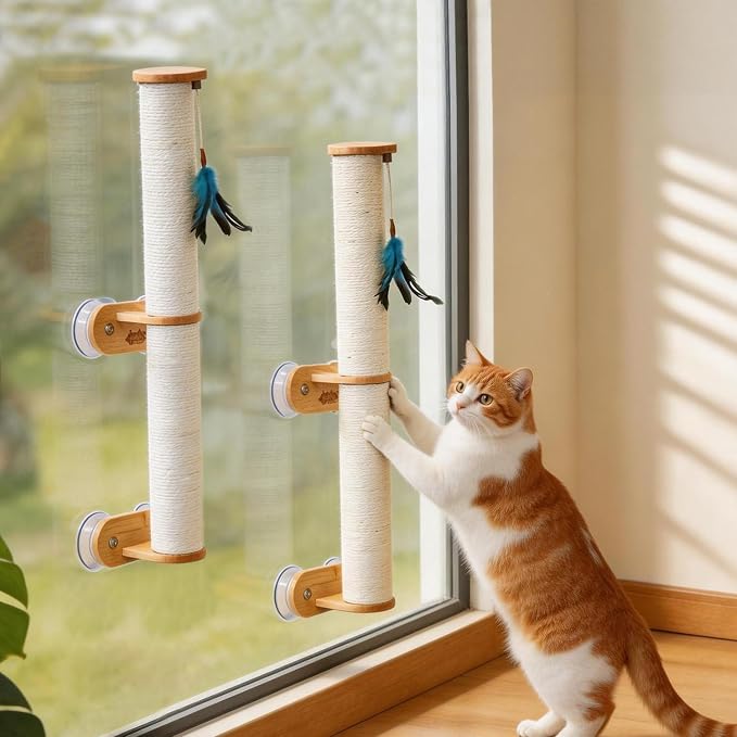 Lulu's World Sisal Cat Wall Scratcher Post with 4 Suction Cups 32" Tall | No-Drill,sturdy climbing tree,wall shelves,kitten wall furniture,natural style,feather toy,save space,for indoor - Image 8