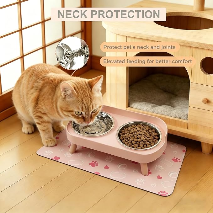 Elevated Dog Bowl, Raised Feeding Stand with Mat for Small Dogs Under 25 Lb | 2 Stainless Steel Pet Raised Bowls for Cats and Puppies, Splash Proof, Dishwasher Safe, with Stain-Resistant Quick-Dry Mat - Image 2