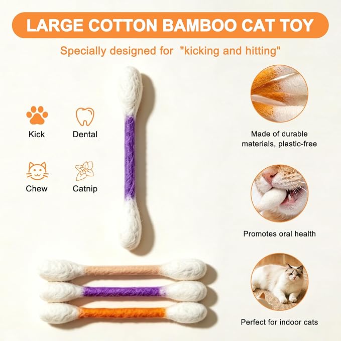 Cotton Swabs Cat Toys with Catnip,6Pack Giant Kitten Chew Sticks for Indoor Boredom,Durable Big Kitten Chew Dental Teething Ropes,Big Interactive Felt Kitty Kicker Play Lover Gift Accessories (Yellow) - Image 3