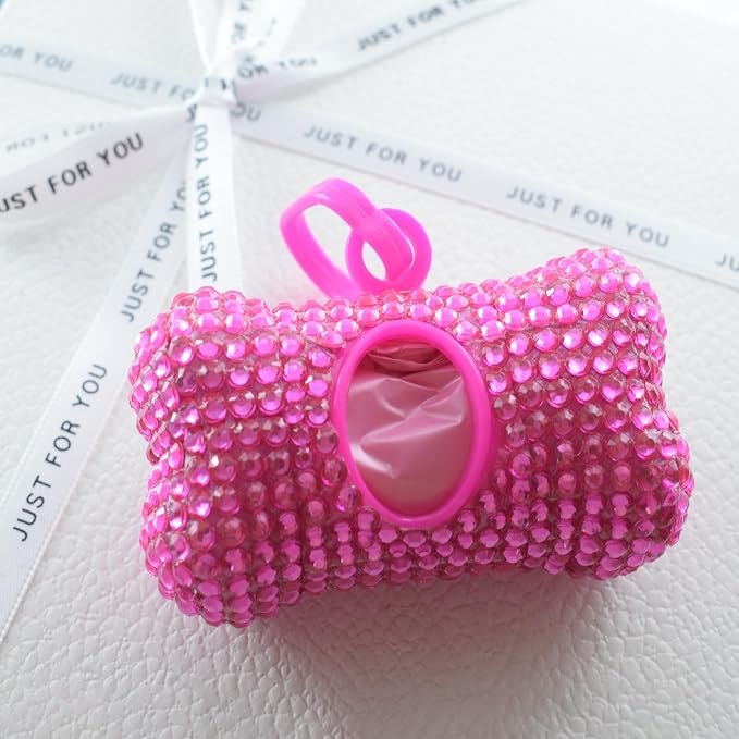 Bling Dog Poop Pickup Bag Dispenser Holder Pet Waste Disposal Bag Pet Trash Bags Holder Bone Shaped Hot Pink with small garbage bags - Image 5