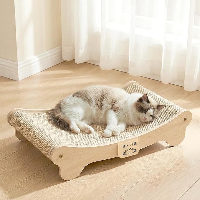 NOCOEX Sisal Cat Scratcher Bed: Wood Scratch Board Hammock for Indoor Cats | Natural Solid Wood Curved Frame Lounger Sleep Scratching Pad Post Large Cats 45 lbs, Easy Assembly Modern Furniture Protector by NOCOEX