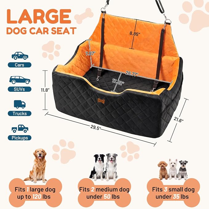 Dog Car Seat for Large Medium Dogs up to 55 lbs, Memory Foam Dog Booster Seat with Storage Pocket, 2 Safety Leashes,Washable Cover, Portable Anxiety Pet Travel Bed, Black - Image 4