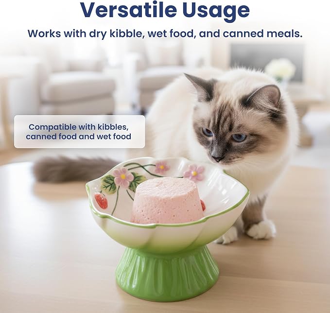 Strawberry Blooms Elevated Ceramic Cat Bowl, Green | Raised Cat Food Bowl with 15° Tilt, Whisker-Friendly Pet Feeding Bowl, Anti-Choking Dish, Dishwasher Safe - Image 4