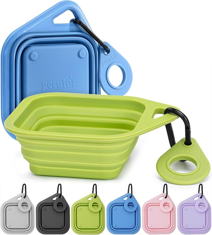 Pecute 2 Pack Foldable Dog Bowls for Travel, Portable Silicone, Blue/Green | Food-Grade Silicone, BPA Free, with Carabiner Clip for Hiking, Durable & High Quality, Dishwasher Safe, 15oz Per Bowl by pecute