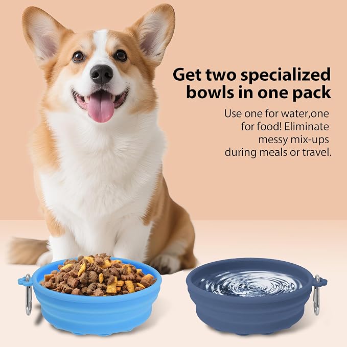 2-Pack Collapsible Dog Bowls with Suction Cups & Scraper - 16oz Travel Pet Bowls for Food/Water, Non-Slip Feeding Dish for Dogs, Includes Carabiner Clip Blue&Grey - Image 5