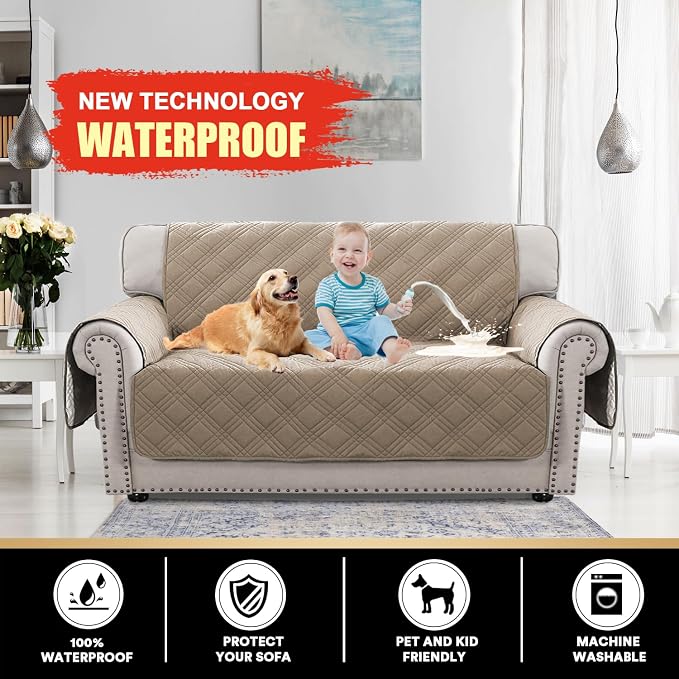 PrinceDeco 100% Waterproof Loveseat Covers for 2 Cushion Couch Sofa Covers Waterproof and Washable Sofa Slipcover with Side Pocket Furniture Protector with Elastic Straps(Loveseat 48", Taupe) - Image 2