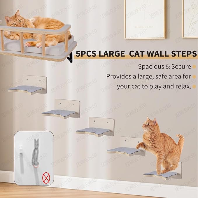 Solid Wood Wall Mounted Cat Steps, Cat Wall Furniture Shelves Stairs Perch(Grey) - Image 2