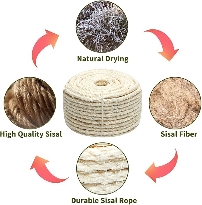 Natural Sisal Rope 1/4 Inch 6mm 98-Feet for Cat Scratching Post Tree Tower Replacement Repair and Replace, DIY Hemp Twine Rope for Cat Scratching Furniture Window Perch and Crafts Gardening - Image 4