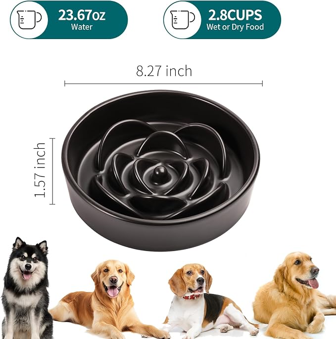 8.26 in Black Ceramic Slow Feeder Dog Bowl for Medium and Large Breed,Pet Feeding Dog Food Water Dish Heavy Weighted,Puppy Bowl for Fast Eaters,Puzzle Slow Eating Dish Modern Maze - Image 2