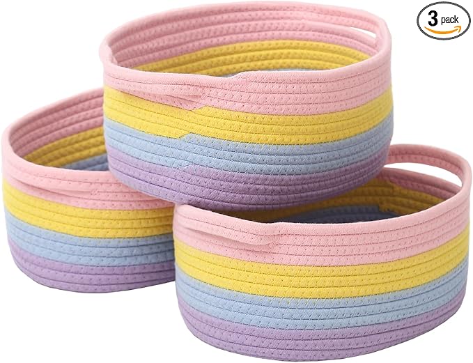 JMvicyroam Small Woven Basket, Empty Gift Basket, Rainbow/3 Pack | Small Gift Basket, Cotton Rope, 12 x 8 x 53 in, Handles, Includes Ribbon and Bag, Birthday Gift Basket by JMvicyroam