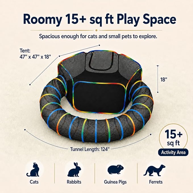 Portable Cat Enclosure - 2-in-1 Outdoor Catio with Tent & Tunnel, Foldable Playpen for Indoor Cats, Includes Storage Bag for Cats & Small Animals Rainbow Color - Image 4