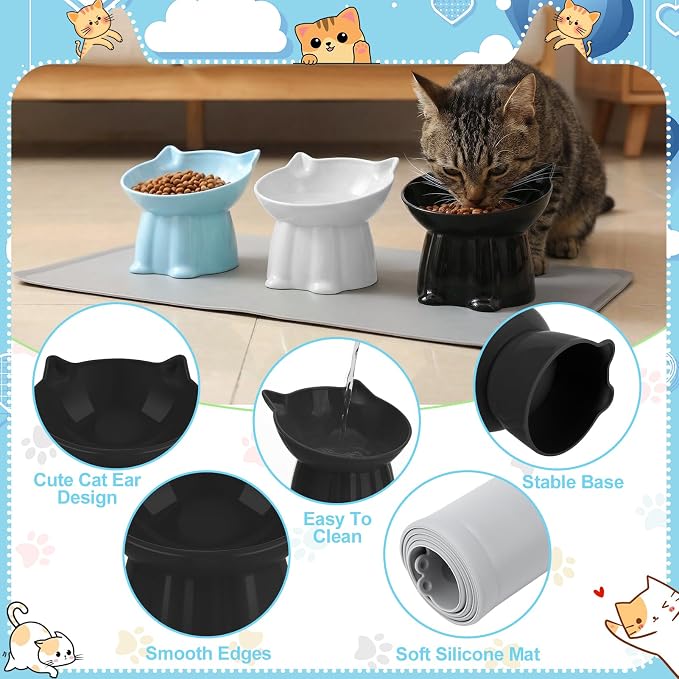3 Pcs Elevated Cat Bowls 15°Raised Cat Food Bowl with Silicone Mat Blue | Whisker Friendly Anti Vomiting Cats Dishes Pet Food and Water Bowls for Indoor Cats Kittens - Image 3