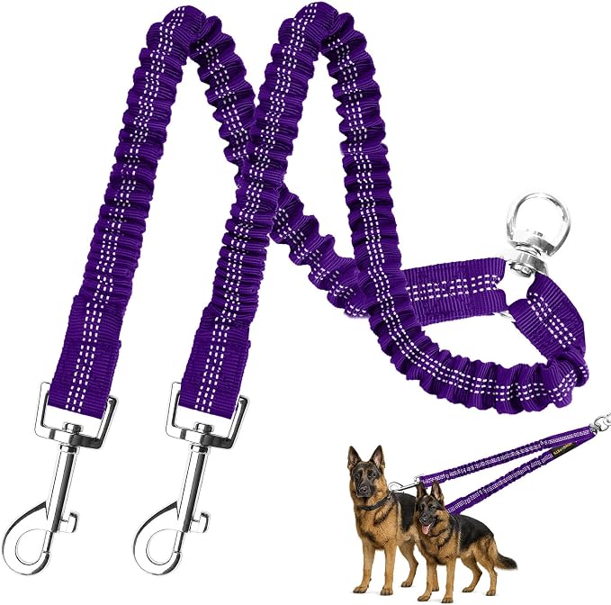 MingXpet 2 Dog Leash, Dog Leash for 2 Dogs, 360° Swivel No Tangle Double Walking Training Leashes for Large Dogs that Pull, Comfortable Shock Absorbing Reflective Bungee, Purple by MingXpets