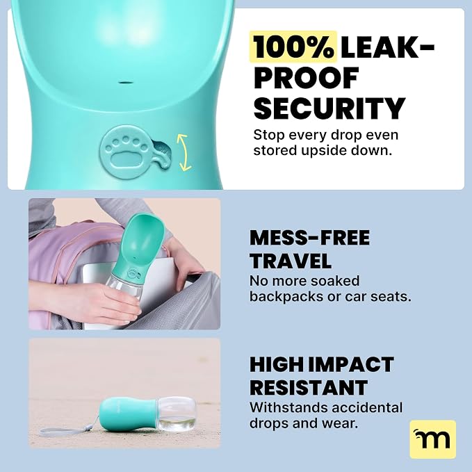 MalsiPree Dog Water Bottle Dispenser - 12 oz Blue, Leak-Proof | 12oz leak-proof bottle - one-hand use - built-in bowl - Use for dog walks, travel, hiking & beach days - Image 3