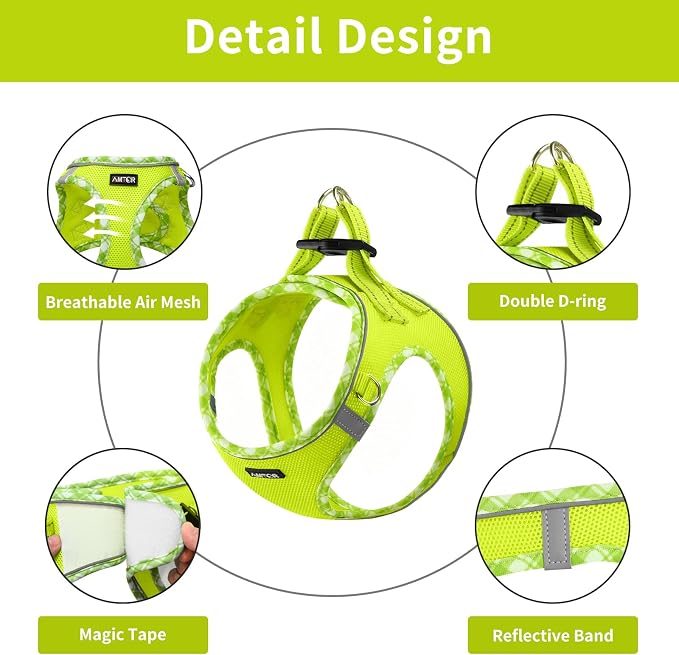 AMTOR Small Dog Harness with Leash Set, No Escape Easy Walk Puppy Harnesses for Training Walking, Step-in Reflective Soft Dogs Vest for XS S Medium Extra-Small Large Sized Dog(Green/White,L) - Image 4